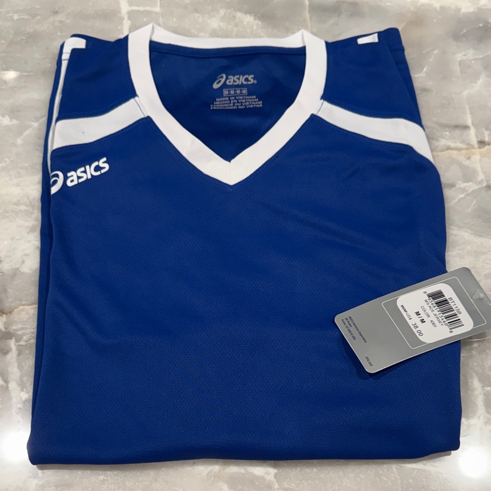 ASICS Men's V-Neck Blue and White Jersey
